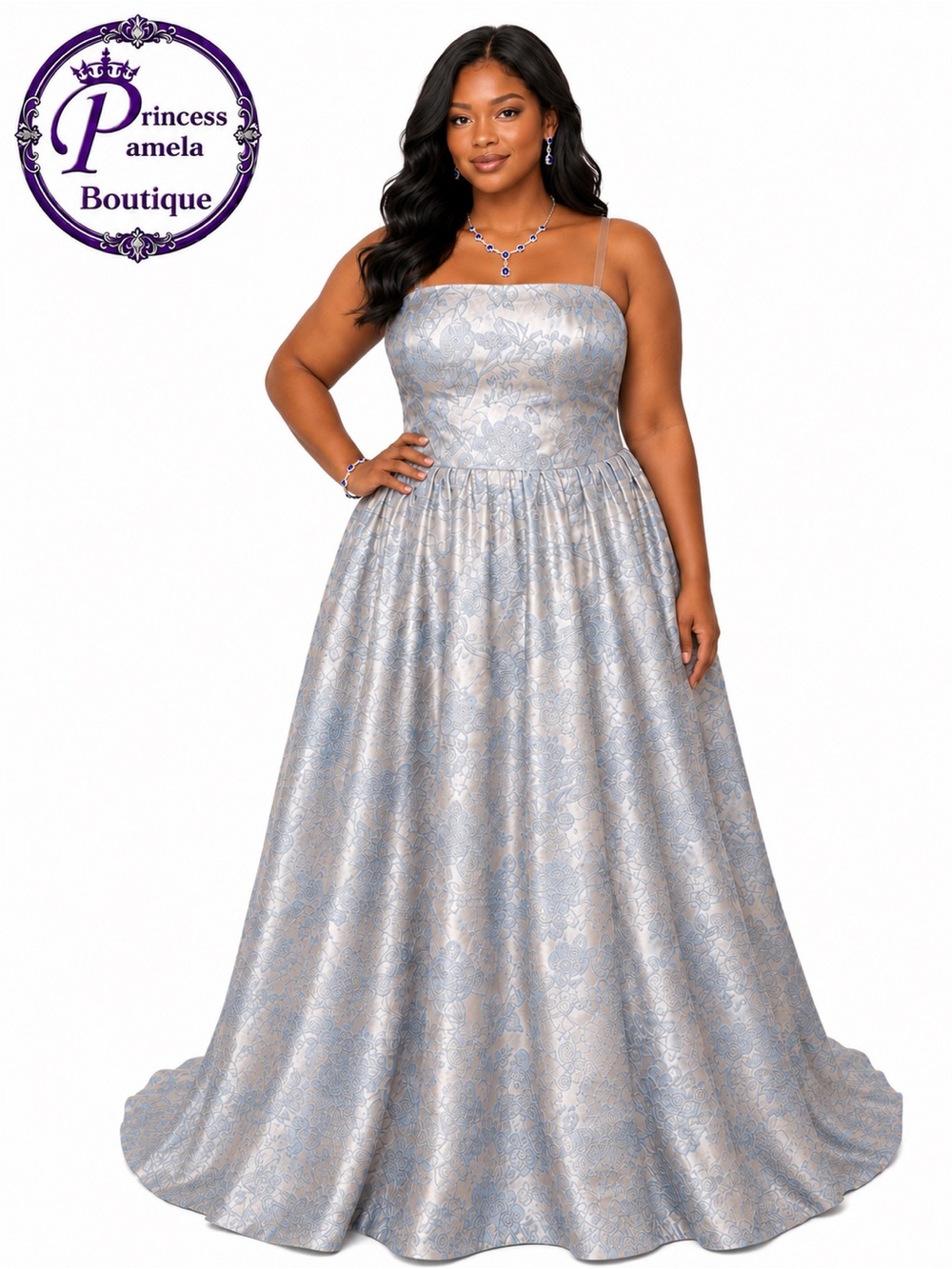#23-14 Cinderella Blue and Silver Floral brocade strapless Ball Gown-3X/Size 24